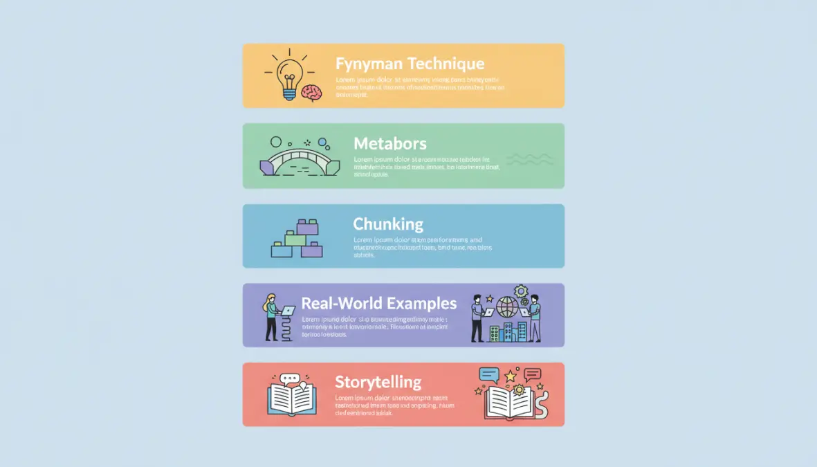 Infografica delle 5 tecniche di spiegazione efficace: regola dei 5 anni, metafore, chunking, esempi pratici e storytelling per semplificare argomenti difficili
