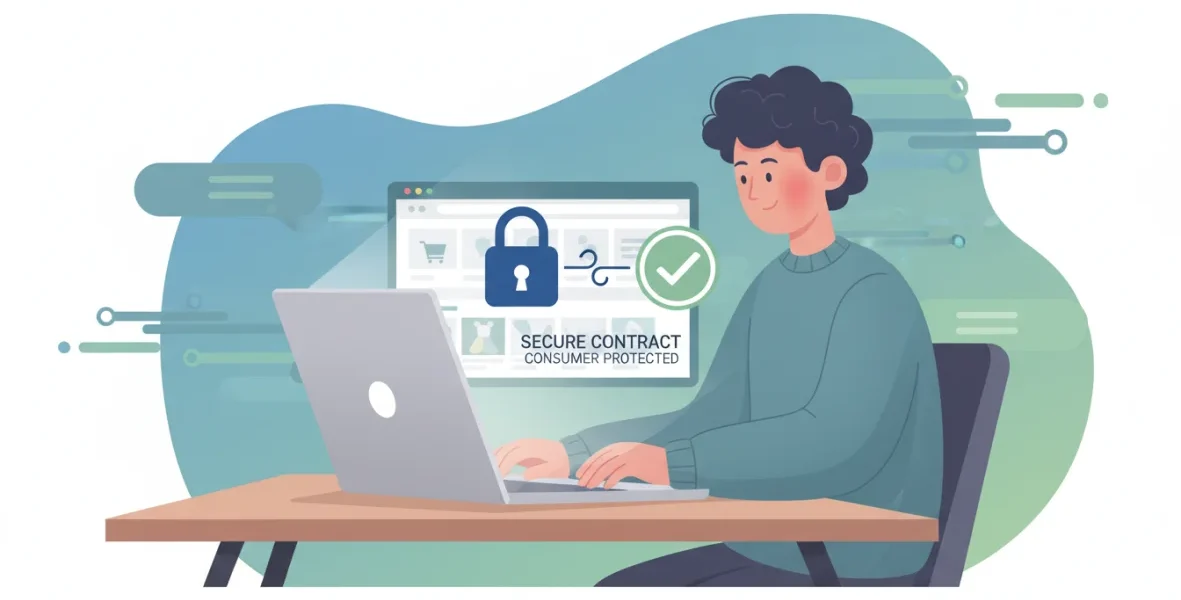 Rappresentazione visiva di protezione dei diritti nei contratti online con consumatore e simboli di sicurezza digitale