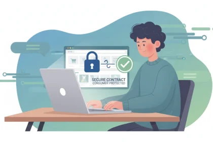 Rappresentazione visiva di protezione dei diritti nei contratti online con consumatore e simboli di sicurezza digitale