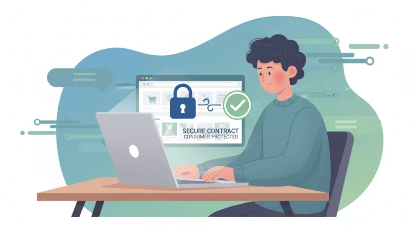 Rappresentazione visiva di protezione dei diritti nei contratti online con consumatore e simboli di sicurezza digitale