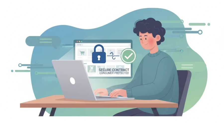 Rappresentazione visiva di protezione dei diritti nei contratti online con consumatore e simboli di sicurezza digitale