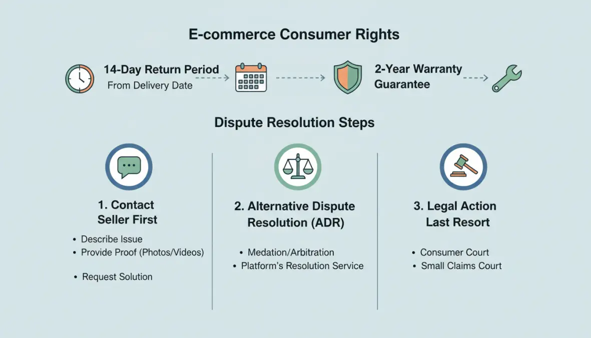 Diritti acquirente e-commerce e responsabilità venditore online in infografica riassuntiva