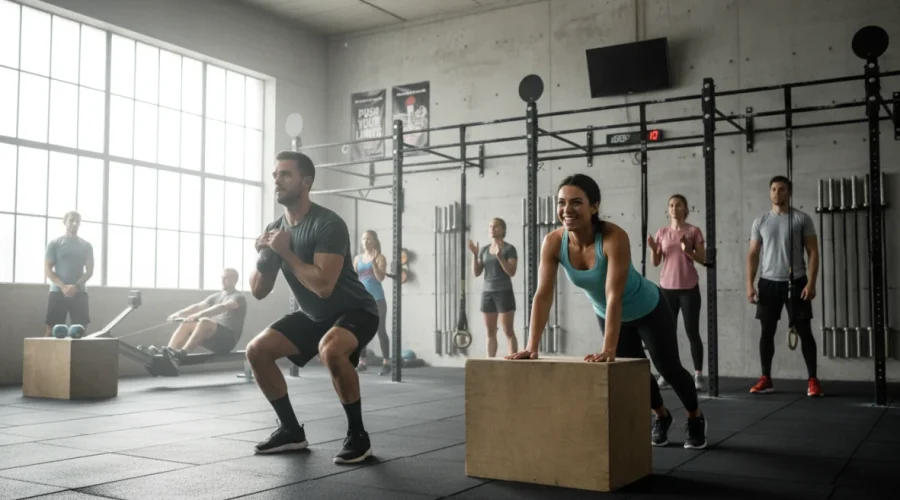 Principianti che si allenano in una palestra crossfit con esercizi funzionali, guida crossfit per principianti