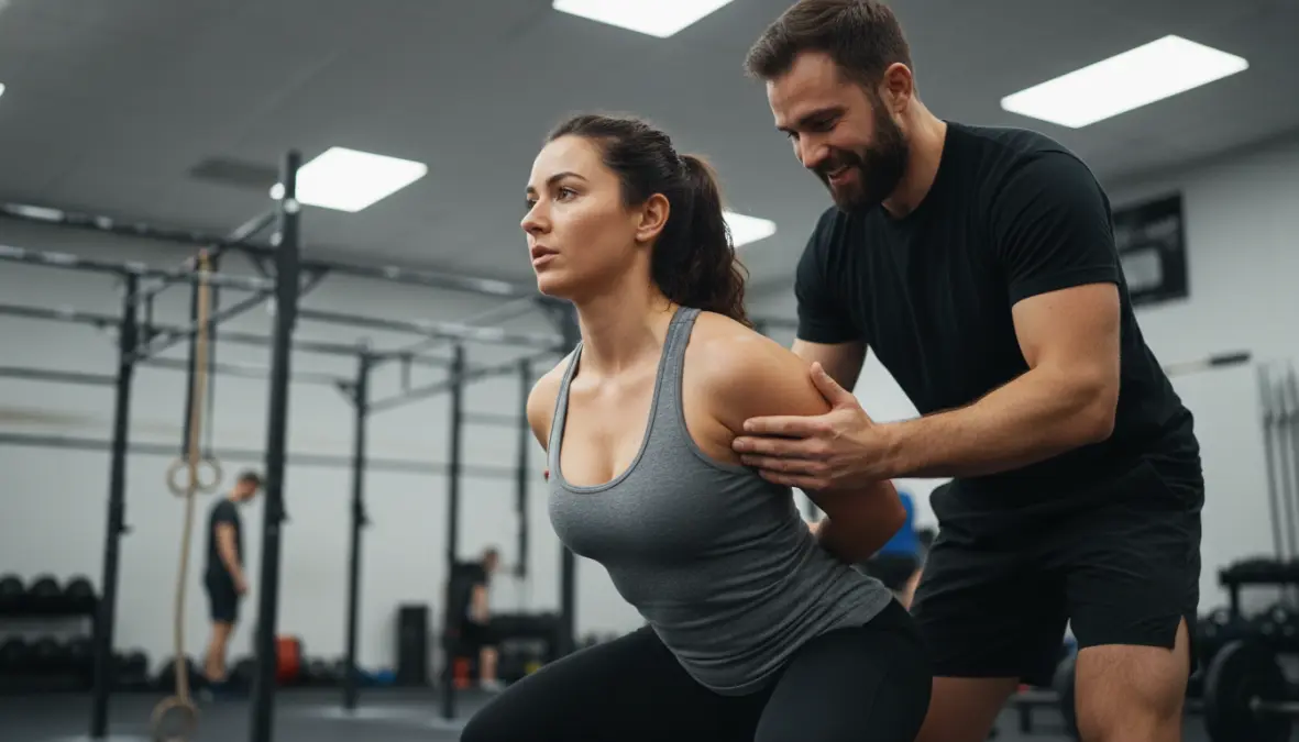 Coach di CrossFit spiega la corretta tecnica di squat a una principiante, importanza del coaching per chi inizia