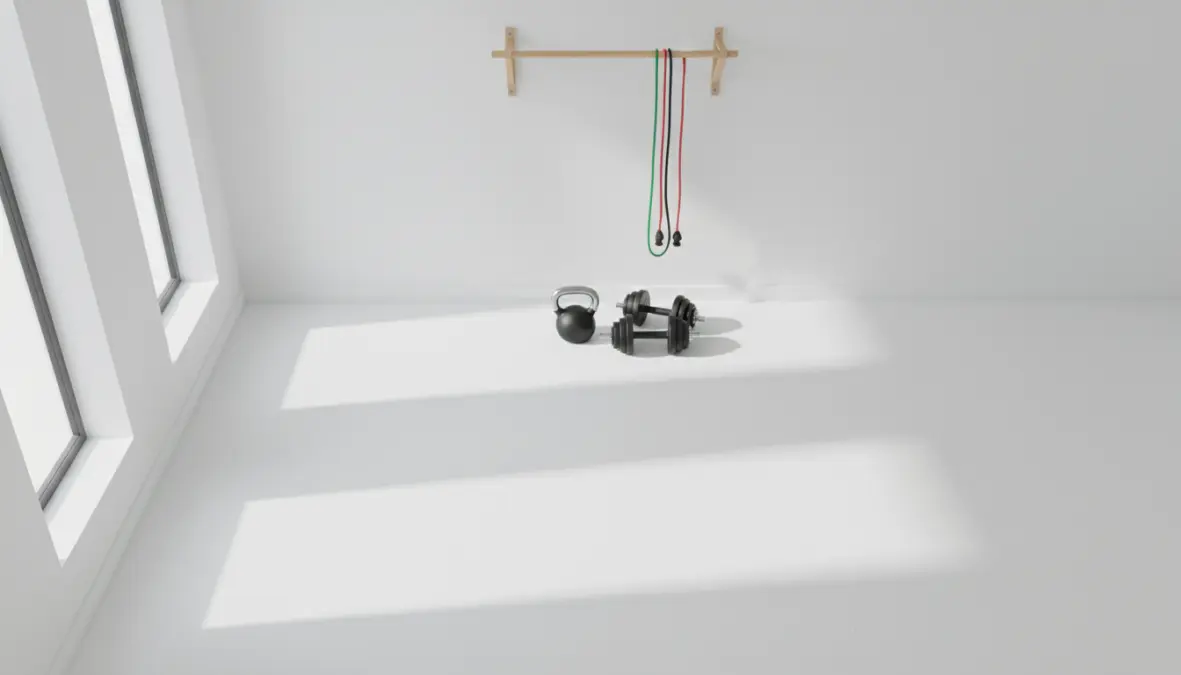 Attrezzatura CrossFit base per principianti a casa: bilanciere, manubri, kettlebell, setup minimalista per iniziare