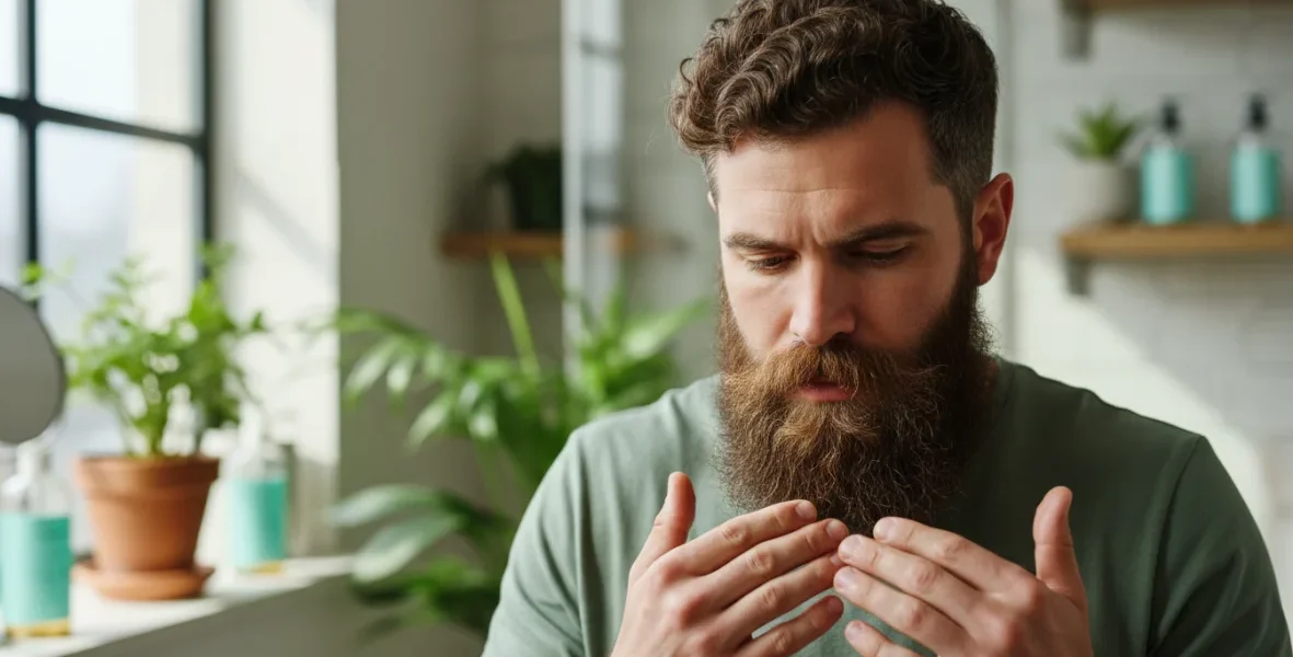 Uomo che applica olio barba per la routine cura barba primavera con barba folta e sana