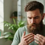 Uomo che applica olio barba per la routine cura barba primavera con barba folta e sana