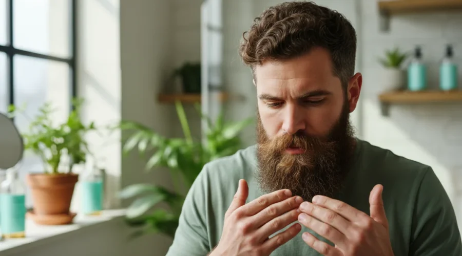 Uomo che applica olio barba per la routine cura barba primavera con barba folta e sana