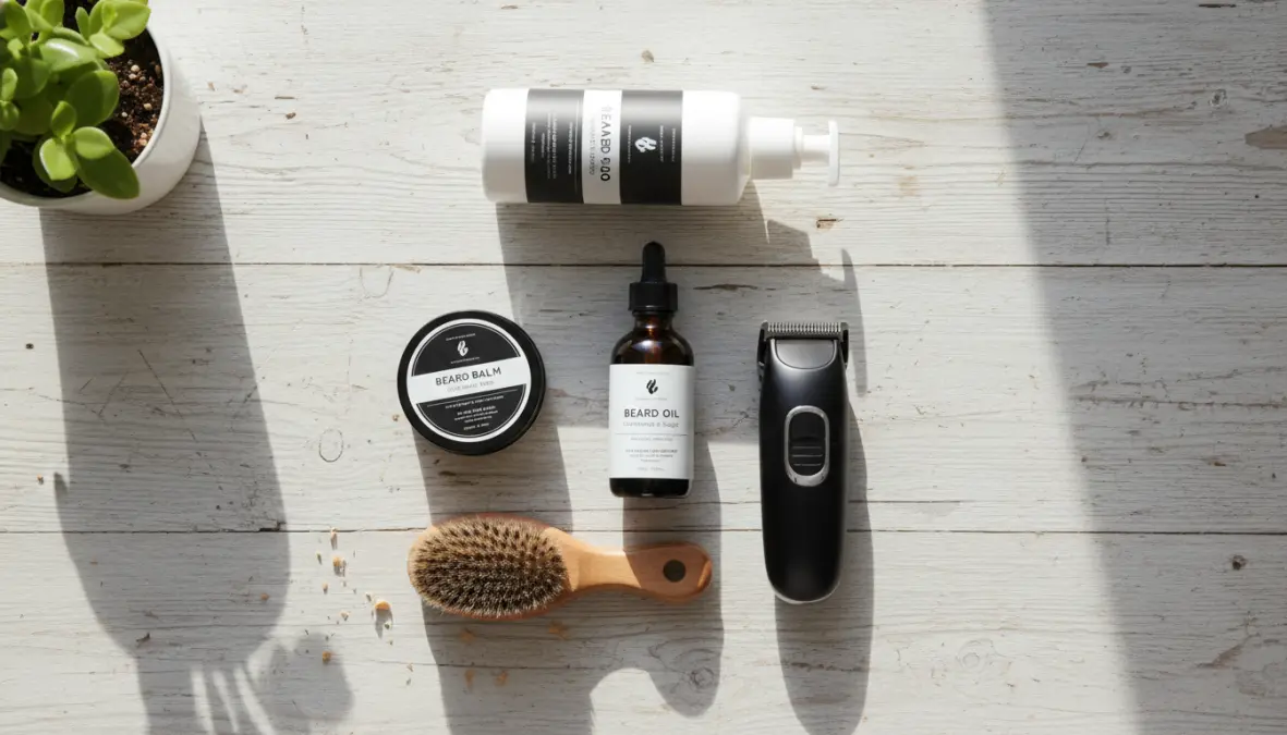 Prodotti essenziali cura barba primavera: olio, balsamo, spazzola e trimmer per barba folta