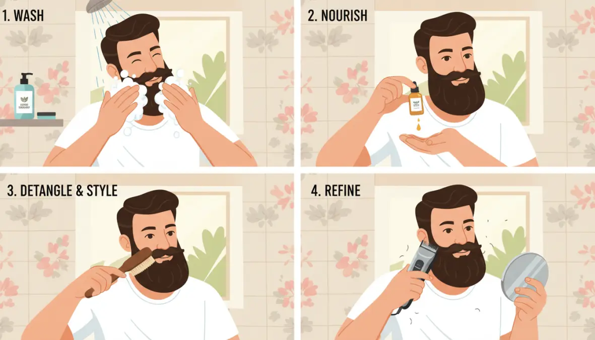 Routine cura barba settimanale: pulizia, olio, spazzolatura e trimming per mantenere barba sana