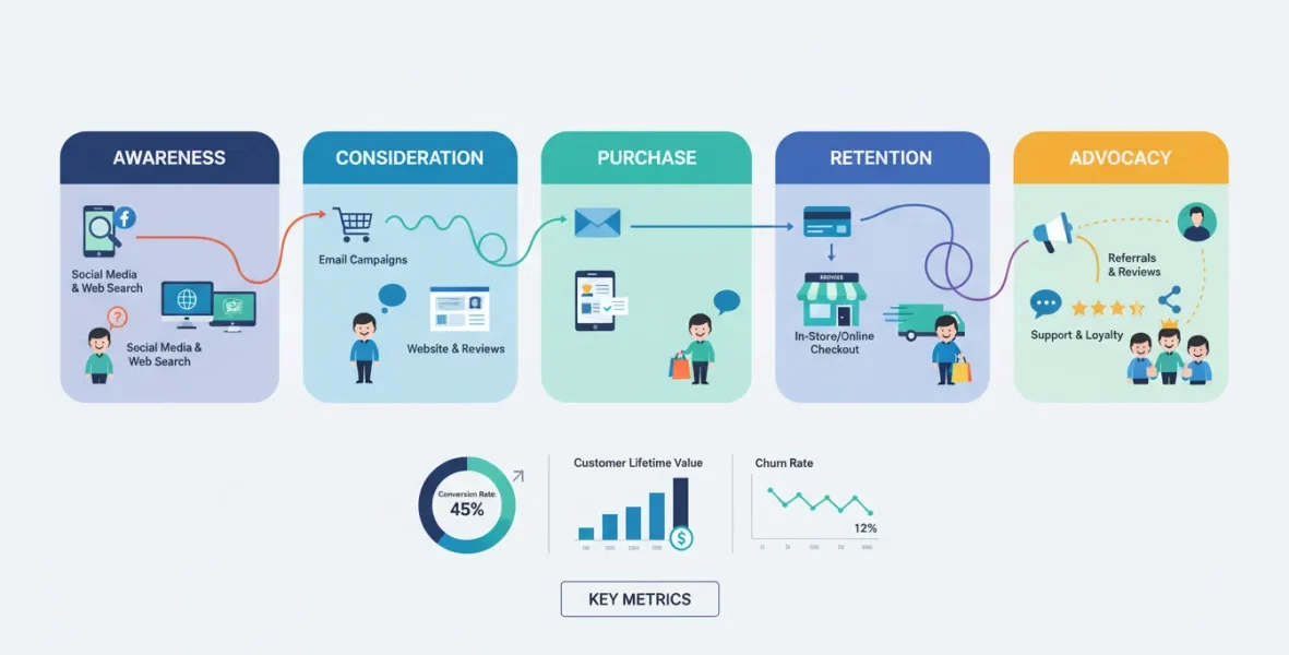 Customer journey mapping completo con touchpoint clienti, funnel di conversione e fasi del buyer journey