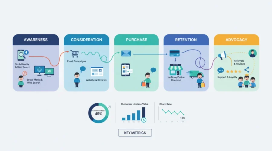Customer journey mapping completo con touchpoint clienti, funnel di conversione e fasi del buyer journey