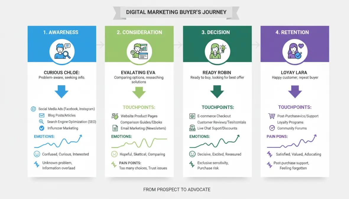 Fasi del customer journey mapping: awareness, consideration, decision e retention con relativi touchpoint e customer personas