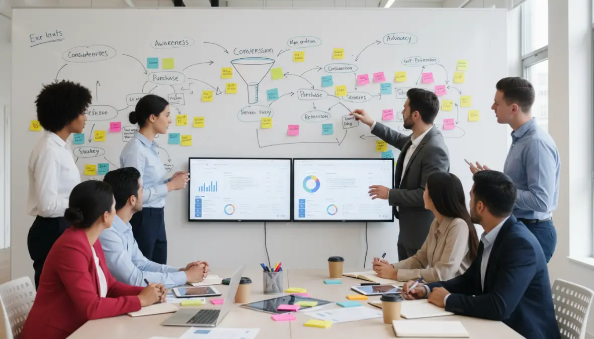 Team che costruisce e ottimizza una mappa del customer journey per migliorare l'esperienza cliente e il funnel di conversione