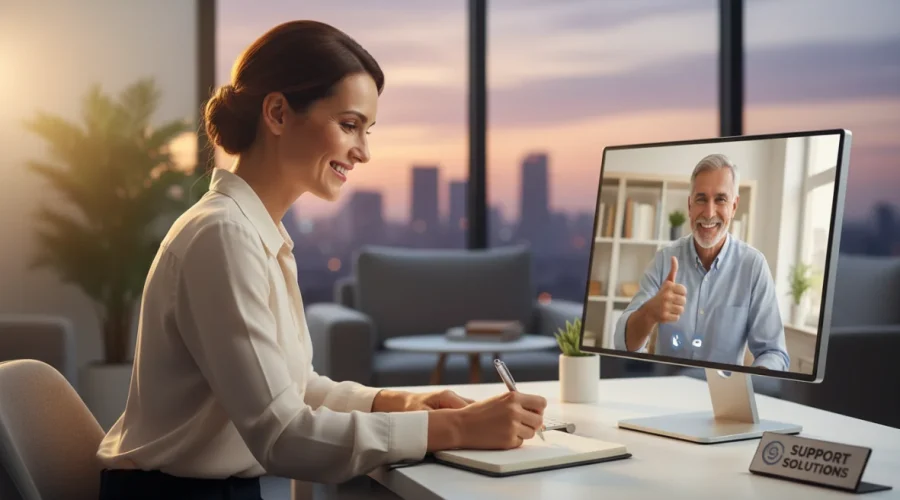 Customer service reclami: rappresentante al telefono che ascolta attivamente un cliente con empatia e professionalità