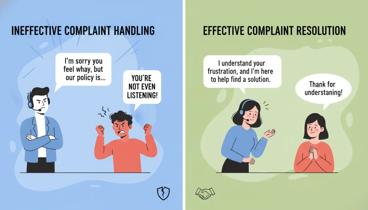 Confronto visual tra gestione scorretta e corretta di un reclamo cliente nel customer service