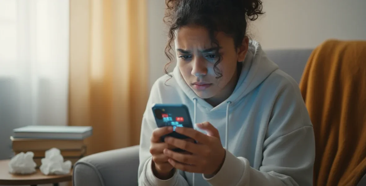 Adolescente preoccupato che guarda lo schermo dello smartphone, rappresentando vittima di cyberbullismo e molestie digitali online