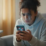 Adolescente preoccupato che guarda lo schermo dello smartphone, rappresentando vittima di cyberbullismo e molestie digitali online
