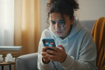 Adolescente preoccupato che guarda lo schermo dello smartphone, rappresentando vittima di cyberbullismo e molestie digitali online
