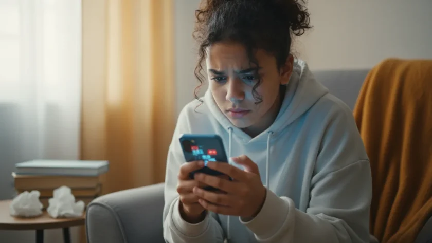 Adolescente preoccupato che guarda lo schermo dello smartphone, rappresentando vittima di cyberbullismo e molestie digitali online