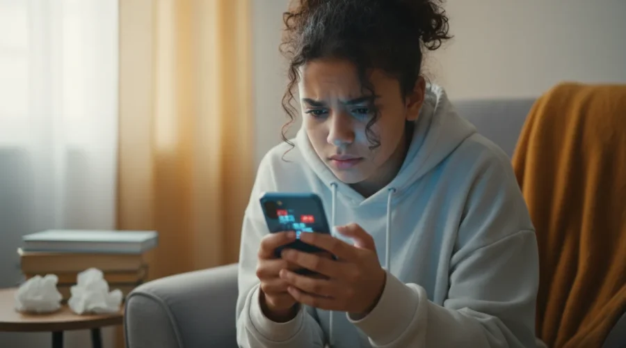 Adolescente preoccupato che guarda lo schermo dello smartphone, rappresentando vittima di cyberbullismo e molestie digitali online