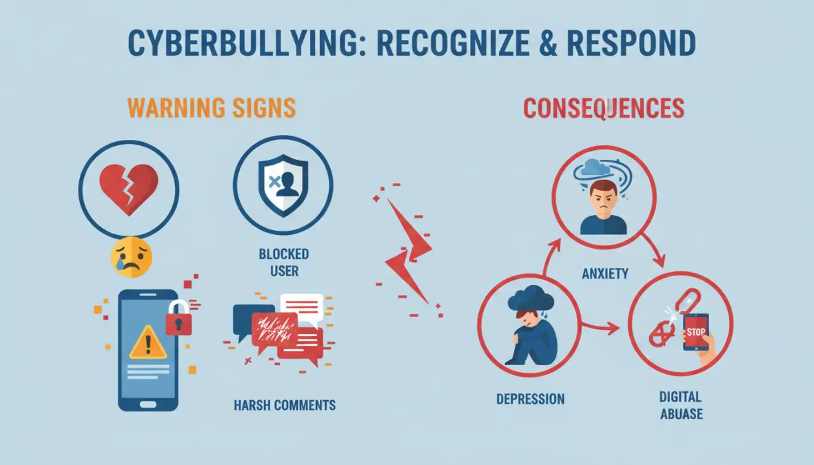 Infografica con i segnali di cyberbullismo, conseguenze psicologiche e forme di violenza virtuale