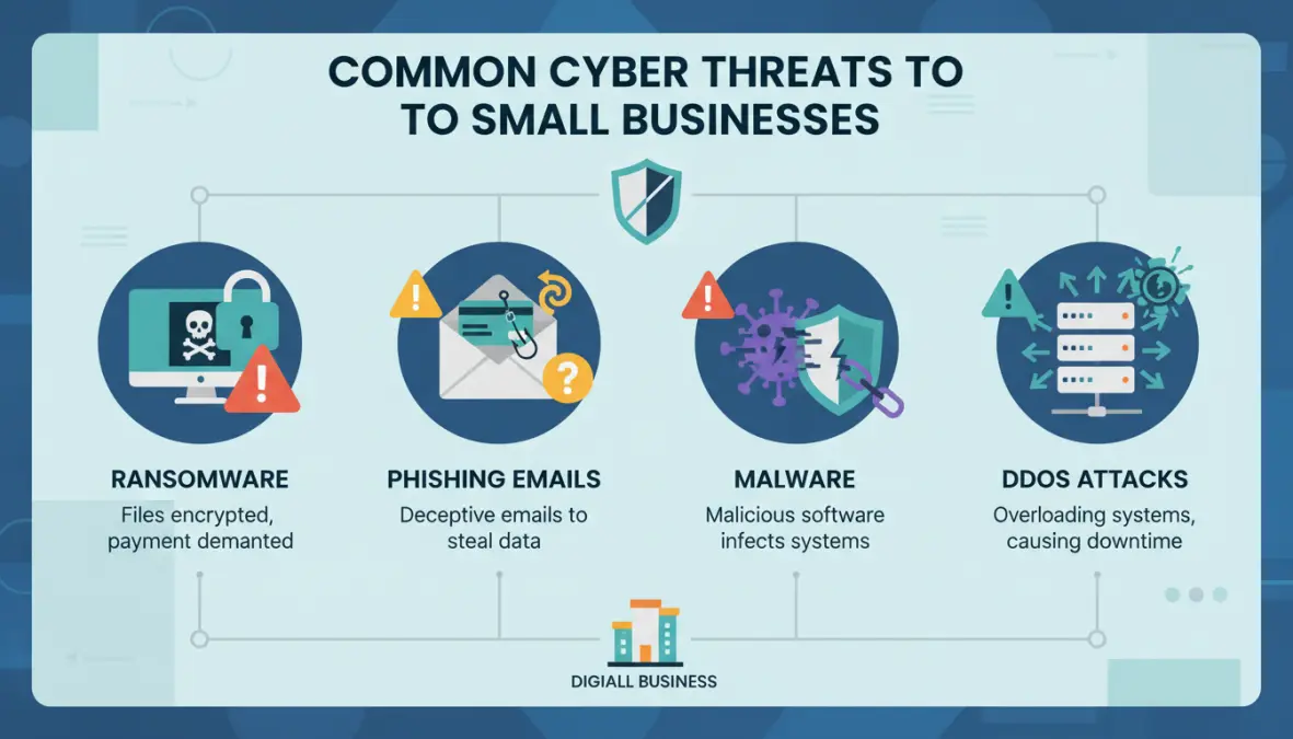 Minacce informatiche comuni alle PMI: ransomware, phishing, malware e attacchi DDoS illustrati con icone di sicurezza