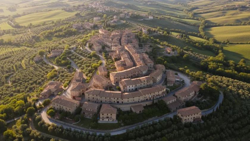 Destinazioni Italia non touristiche: piccolo borgo italiano autentico immerso nella campagna, con case in pietra e tetti di terracotta, lontano dal turismo di massa