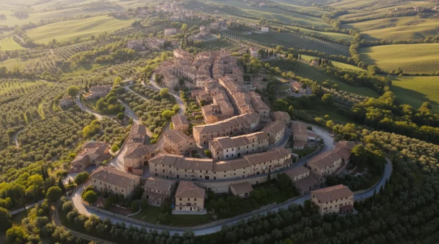 Destinazioni Italia non touristiche: piccolo borgo italiano autentico immerso nella campagna, con case in pietra e tetti di terracotta, lontano dal turismo di massa