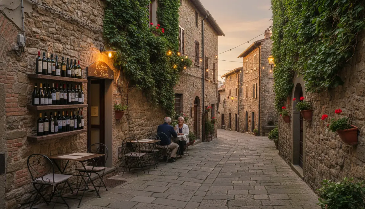 Borghi italiani autentici: strada pittoresca con muri in pietra e ristorante tradizionale in un piccolo paese italiano