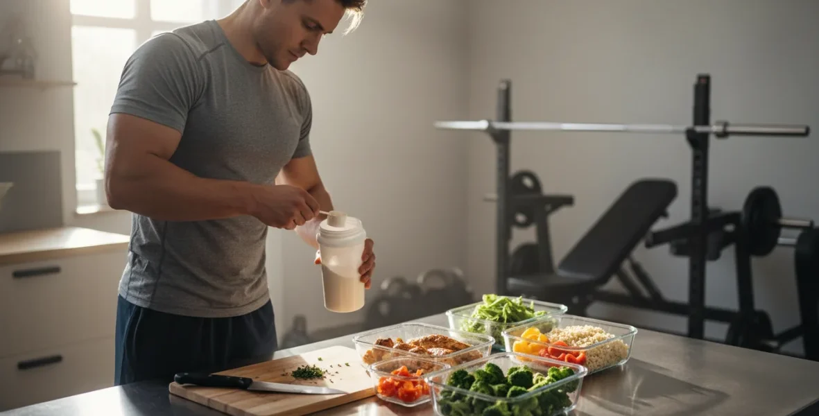 Atleta misura proteine in polvere in cucina per dieta proteica atleti con frullatore e pollo magro, preparazione per allenamento