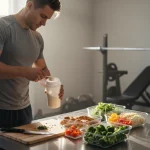 Atleta misura proteine in polvere in cucina per dieta proteica atleti con frullatore e pollo magro, preparazione per allenamento