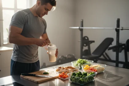 Atleta misura proteine in polvere in cucina per dieta proteica atleti con frullatore e pollo magro, preparazione per allenamento