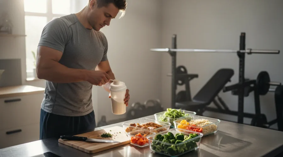 Atleta misura proteine in polvere in cucina per dieta proteica atleti con frullatore e pollo magro, preparazione per allenamento