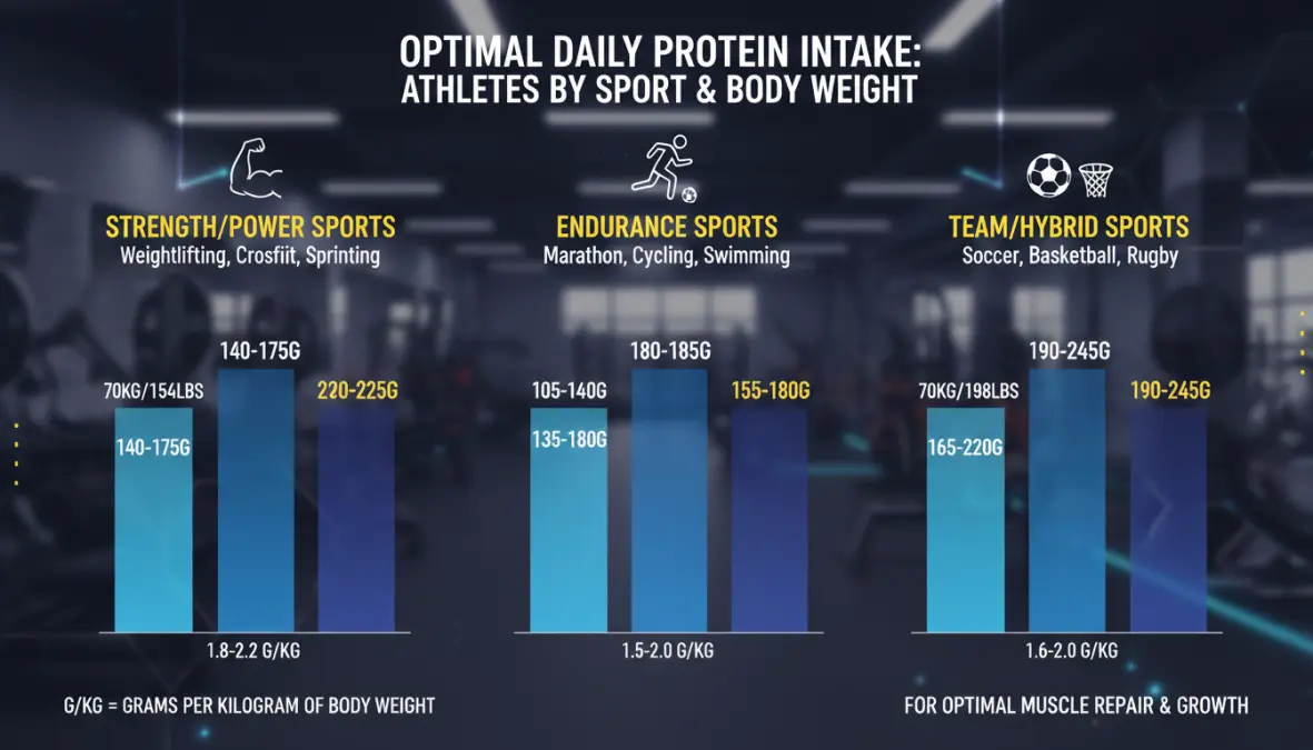 Grafico di calcolo fabbisogno proteico atleti per differenti sport e peso corporeo in grammi