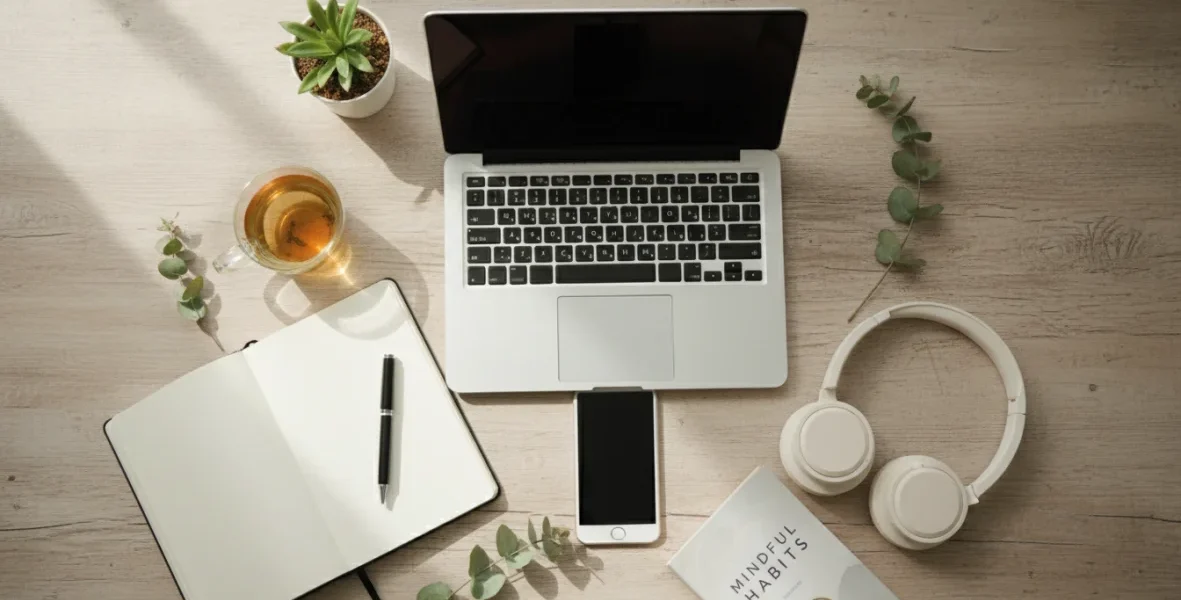 Digital detox per ridurre lo schermo: smartphone circondato da libri, tè e articoli di benessere su scrivania in legno