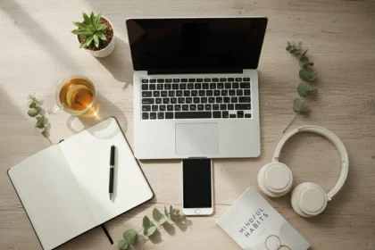 Digital detox per ridurre lo schermo: smartphone circondato da libri, tè e articoli di benessere su scrivania in legno