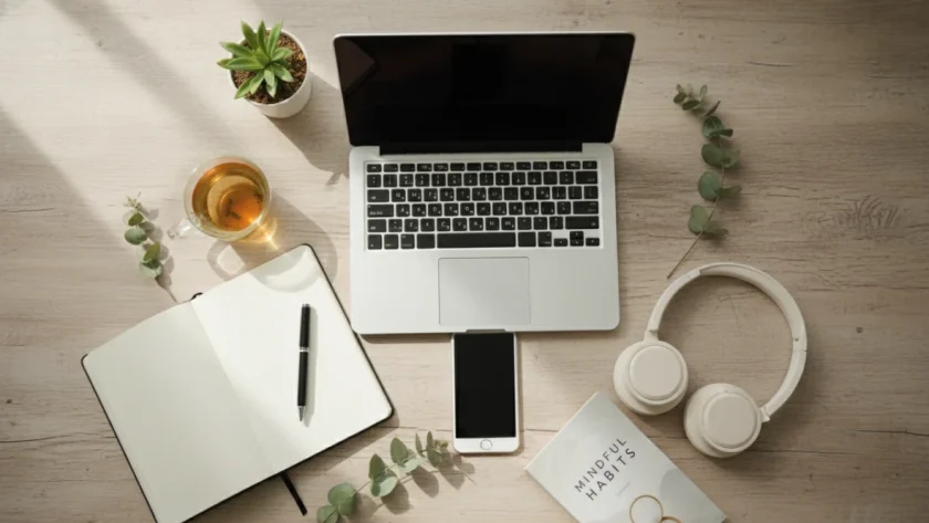 Digital detox per ridurre lo schermo: smartphone circondato da libri, tè e articoli di benessere su scrivania in legno