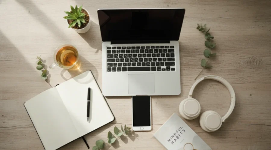 Digital detox per ridurre lo schermo: smartphone circondato da libri, tè e articoli di benessere su scrivania in legno