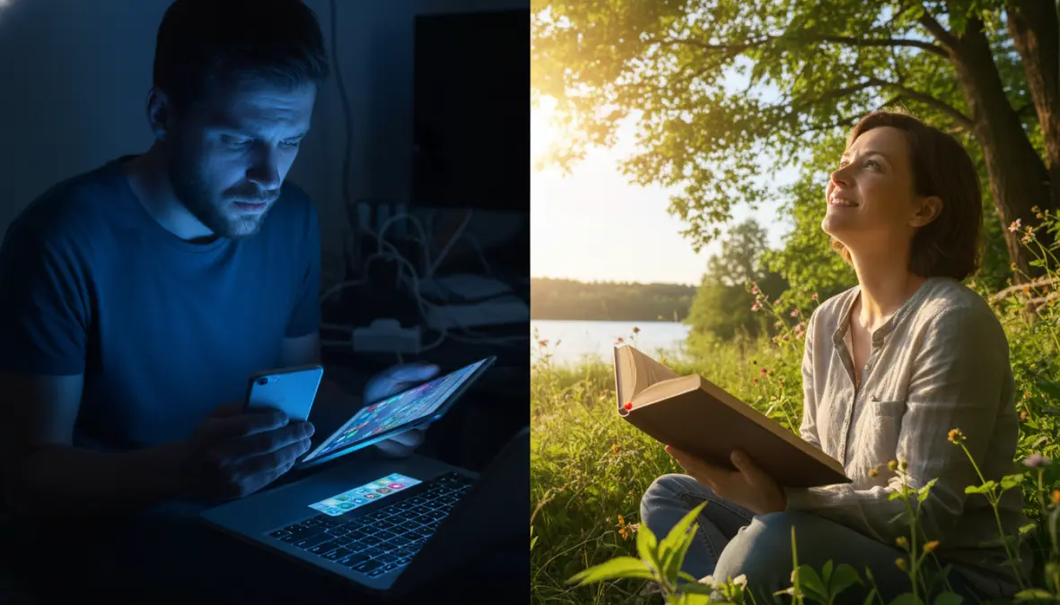 Contrasto tra dipendenza da smartphone e benessere dopo digital detox: da schermi luminosi a serenità in natura