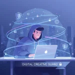 Illustrazione di protezione dei diritti d'autore online: creatore con laptop, simboli di copyright e watermark digitale che rappresentano la tutela dei contenuti creativi