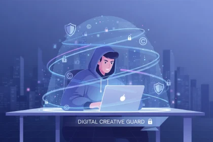 Illustrazione di protezione dei diritti d'autore online: creatore con laptop, simboli di copyright e watermark digitale che rappresentano la tutela dei contenuti creativi