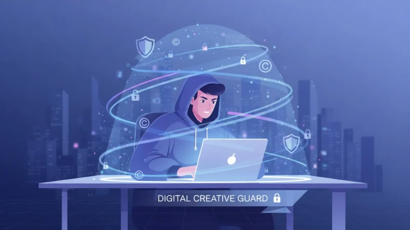 Illustrazione di protezione dei diritti d'autore online: creatore con laptop, simboli di copyright e watermark digitale che rappresentano la tutela dei contenuti creativi