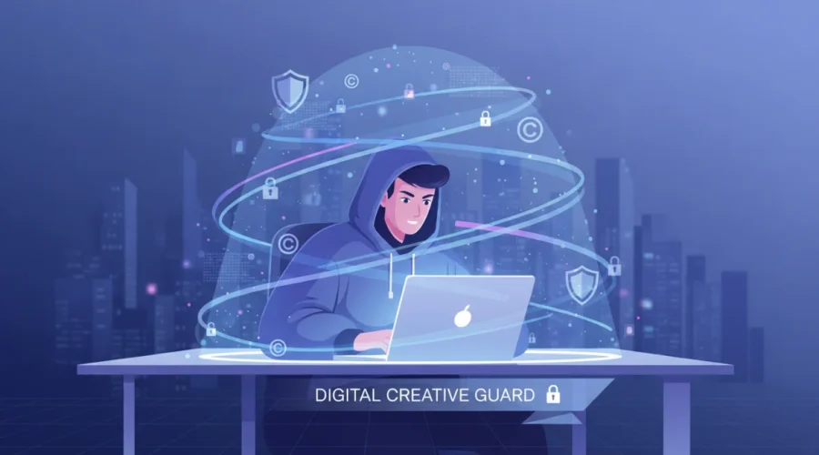 Illustrazione di protezione dei diritti d'autore online: creatore con laptop, simboli di copyright e watermark digitale che rappresentano la tutela dei contenuti creativi