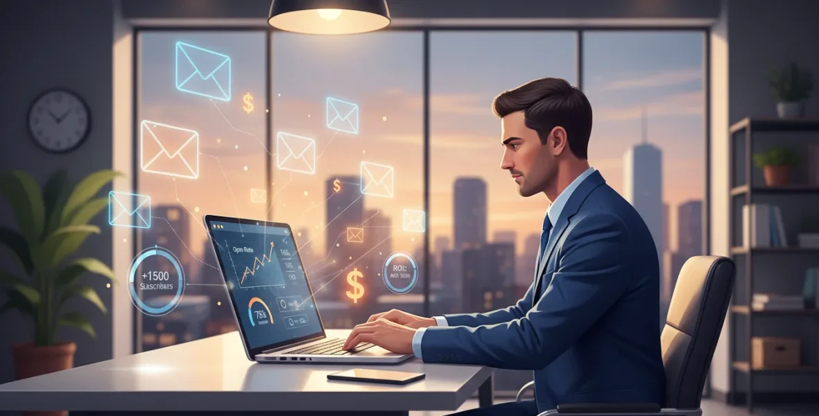 Email marketing dashboard con metriche di conversione, strategie di liste efficaci e campagne email ad alto ROI
