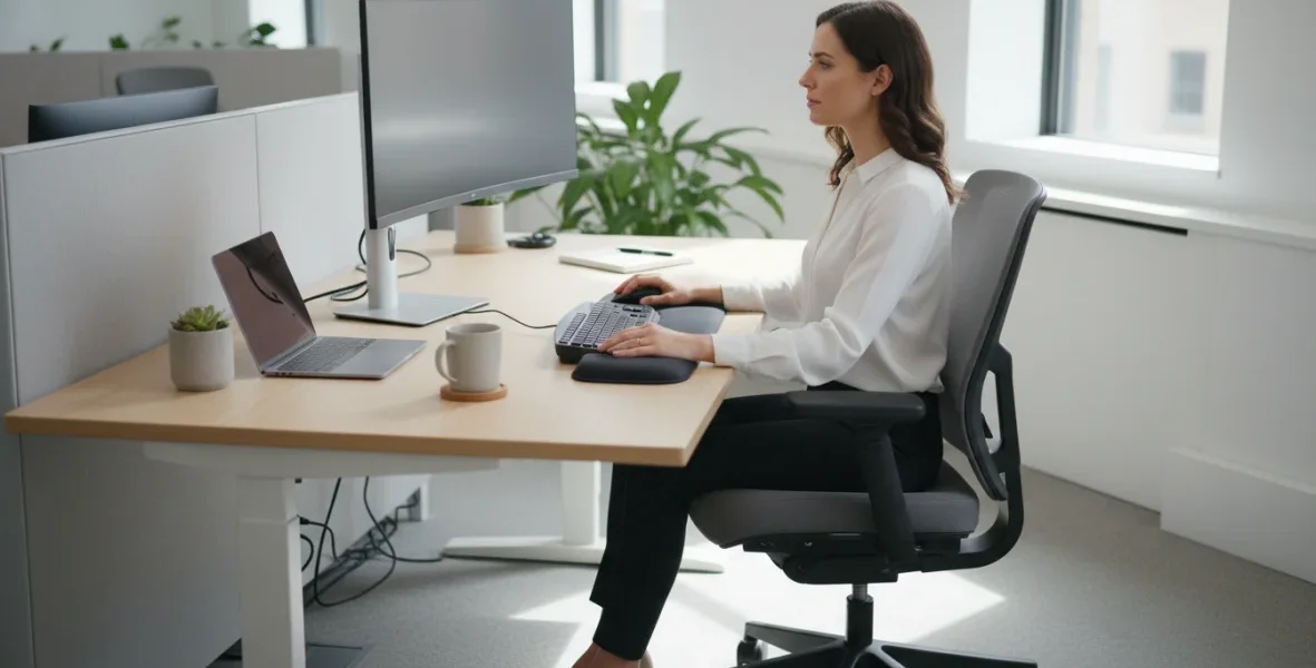 Postura corretta alla scrivania con ergonomia della scrivania, sedia ergonomica e monitor posizionato a livello degli occhi