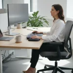 Postura corretta alla scrivania con ergonomia della scrivania, sedia ergonomica e monitor posizionato a livello degli occhi