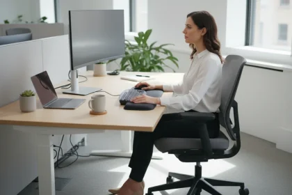 Postura corretta alla scrivania con ergonomia della scrivania, sedia ergonomica e monitor posizionato a livello degli occhi