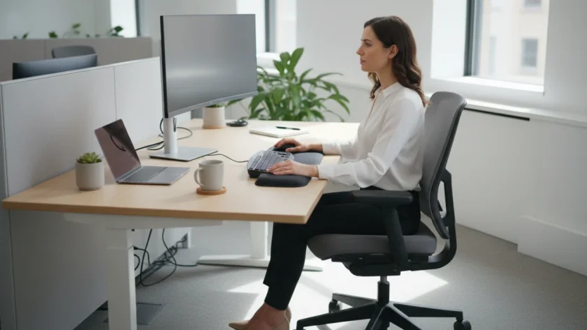 Postura corretta alla scrivania con ergonomia della scrivania, sedia ergonomica e monitor posizionato a livello degli occhi