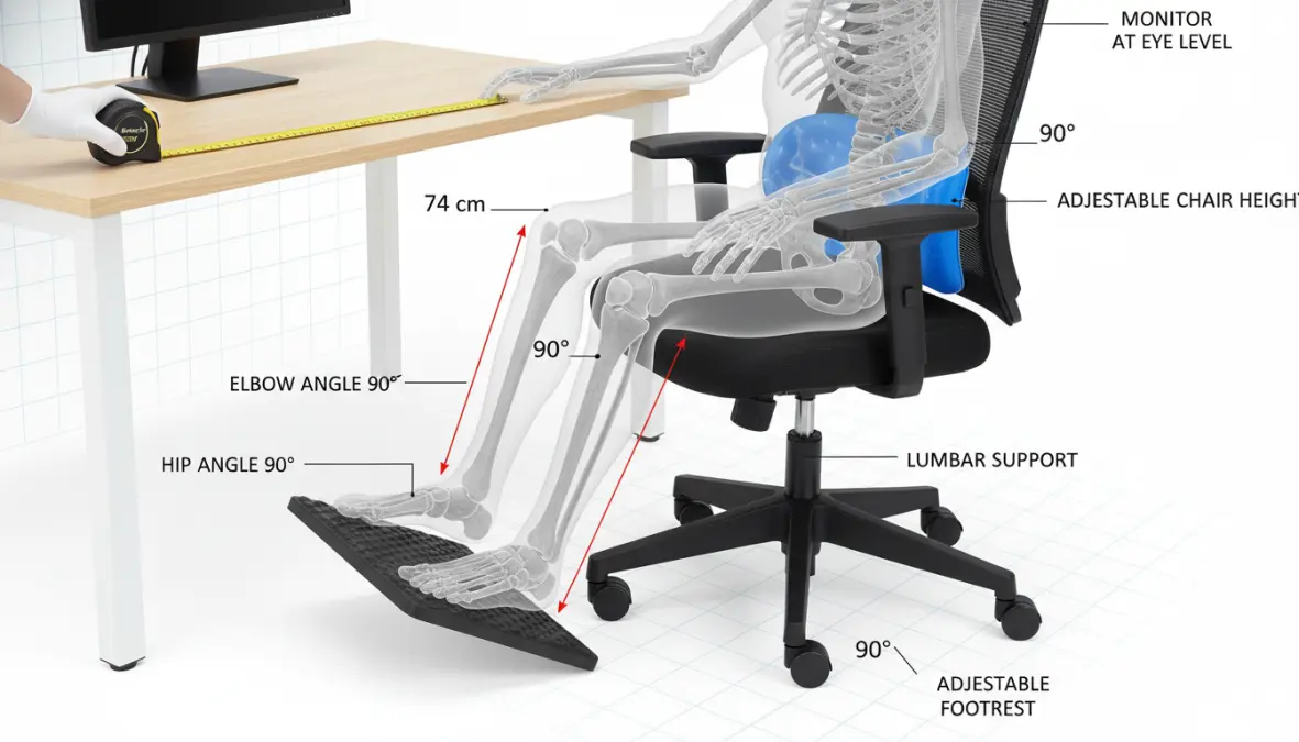 Dettagli di una postazione di lavoro ergonomica con altezza scrivania ideale, sedia ergonomica con supporto lombare e angoli di 90 gradi